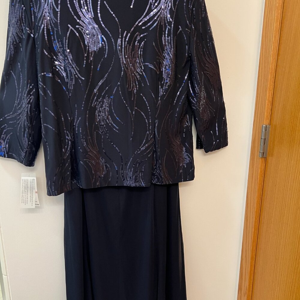 NWT ALEX EVENINGS Navy Blue Sequined A-ine Midi Petite Dress & Jacket - Size 12P - Picture 12 of 14